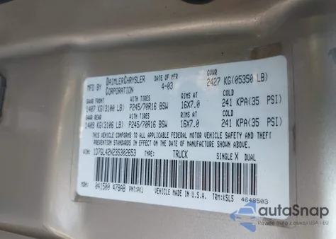 2003 Dodge Dakota Slt из США, поврежденный, VIN 1D7GL42N23S302653